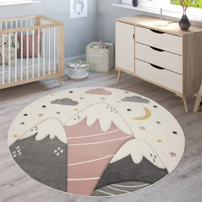Produktbild von Kinderteppich Teppich Kinderzimmer Junge Mädchen Berge Sterne Wolken 3D Pink Grösse 200 cm Rund