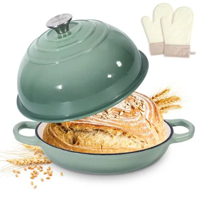 Image de Poêle en fonte émaillée de 22 cm, idéale pour la cuisson du pain au levain, et marmite à pain en fonte avec couvercle (couleur vert, avec maniques)