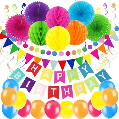 Produktbild von Geburtstagsdeko Set Happy Birthday Banner Wabenbälle Papierfächer Girlanden Luftballons Mehrfarbig