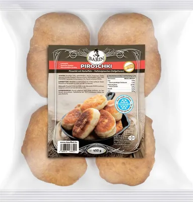 Produktbild von BARIN Hefeteigtaschen mit Kartoffel Füllung, 450g Tiefgefroren, 4 Stück pro Packung, Traditionelle Piroschki mit Speck und Zwiebeln