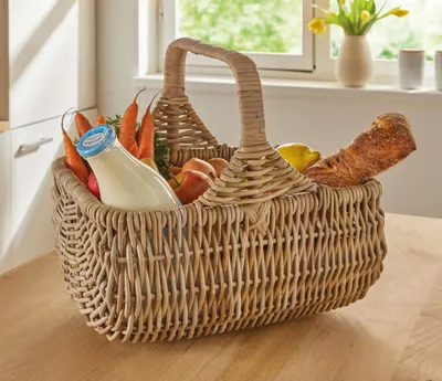 Produktbild von Einkaufskorb "Koboo Grey" aus Rattan, grau lackiert, 40x30 cm groß, Bügelkorb, Tragekorb, Flechtkorb
