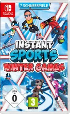 The image shows the front cover of a Nintendo Switch game case for 'Instant Sports Winter Games'. It features cartoon characters engaged in winter sports.