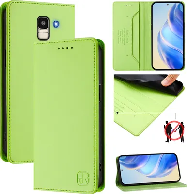 Produktbild von Lederhülle für Samsung Galaxy J6 2018 Hülle Flip Brieftasche Kartenfächern Ständer Schutzhülle Grün