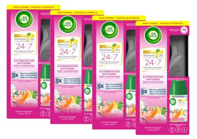 Produktbild von Air Wick Freshmatic Max – Starter-Set mit Gerät und 1 Nachfüller – Batteriebetrieben – Duft: Sommervergnügen – 1 x 250 ml Nachfüller + Gerät in Schwarz (4er Pack)