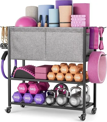 Produktbild von Yogamatten Aufbewahrung mit Hantelständer, Home-Gym Organizer | Platz für Hanteln, Yoga-Blöcke & Schaumstoffrollen, Stabiles Metallregal, Platzsparendes Home-Gym, Einfache Montage