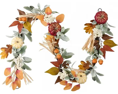 Immagine prodotto di Ghirlanda autunnale di 150 cm con zucca, bacche e foglie d'acero, ideale per decorazioni, da appendere alla porta, colore arancione