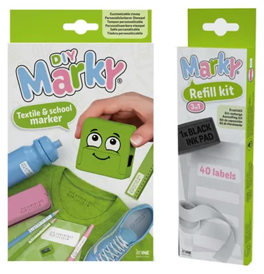 Obrázek produktu pro Sada razítek MARKY v zelené barvě, s černým inkoustem, určená k označování různých povrchů