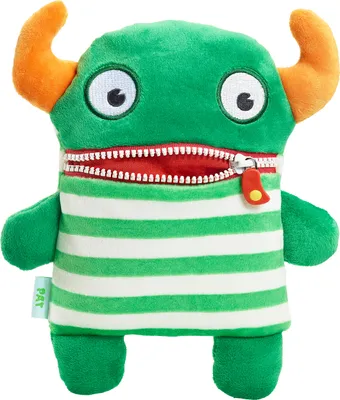 A green plush toy monster with orange horns and a striped shirt.