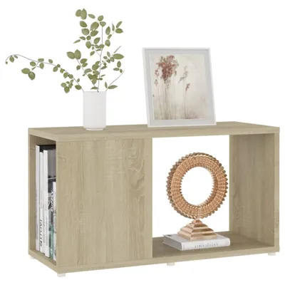 A light brown wooden shelf unit with two compartments. The left compartment contains books, and the right compartment displays a decorative sculpture on top of books.