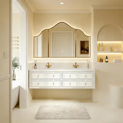 Produktbild von Wandhängendes Sinterstein Waschbecken Set, Badezimmer Waschtisch Set, Spiegelschrank, Modernes Badmöbel Set, mit Armaturenloch Weiß 130*55cm /DJBGB/