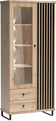 Obrázek produktu pro Minio, vitrína "CALI 2", s LED osvětlením, s kovovými nohami, barva dub Artisan / černá