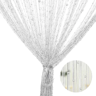 Image de Rideau en fil avec des perles blanches - Protection anti-insectes pour portes de jardin, dimensions 100 x 200 cm
