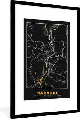 Produktbild von MuchoWow® Gerahmtes Poster Schwarz und Gold - Stadtplan - Marburg - Deutschland - Karte 60x90 cm - Poster mit Schwarzem Bilderrahmen Wandposter Rahmen Foto Bilder - Dekoration - Wandposter Wohnzimmer - Hochwertig