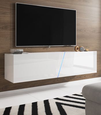 Televízna základňa vo vysokolesklom bielom laku na zavesenie alebo na státie Lowboard Slant vrátane osvetlenia RGB 160 x 35 cm