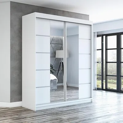 Immagine prodotto di Armadio a battente ERA, modello a 2 ante con specchio, mobiletto appendiabiti da 160 cm (bianco/bianco/bianco)