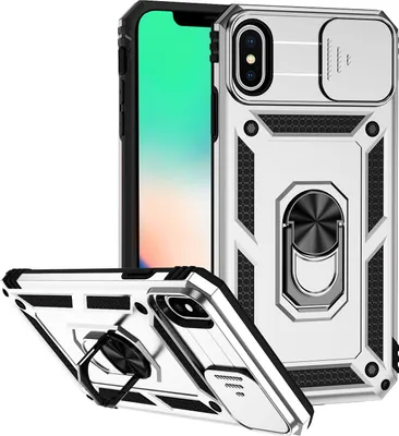 Image de Coque pour iPhone XS / iPhone X à double couche avec cache coulissant pour appareil photo et support annulaire Argent
