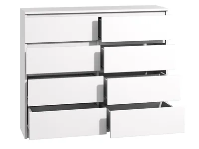 A white, modern dresser with eight drawers, some of which are partially open.
