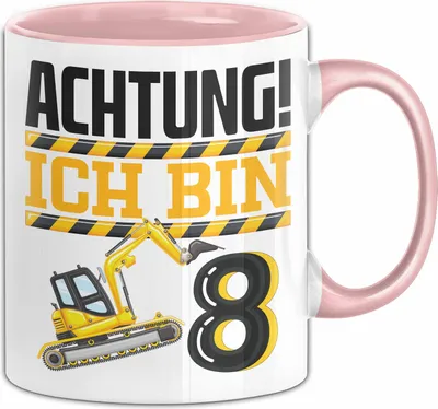 Produktbild von 8. Geburtstag Geschenk Tasse Becher Jungs Baustelle Geburtstagsgeschenk Achtung Ich Bin 8 (Rosa)