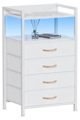 Image de Table de chevet - Commode avec 4 tiroirs en tissu - Table d'appoint avec étagère ouverte - Structure en bois moderne - Convient pour la chambre, le salon ou le bureau - Blanc