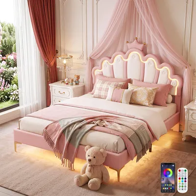 Produktbild von OYAJIA 140x200 cm, LED Bett Kinderbett Prinzessinnenbett für Mädchen, Polsterbett Jugendbett mit kronenförmiges Design und verstellbarem Kopfteil