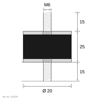 Produktbild von Gummi-Metall-Puffer Typ A – Schwingungsdämpfer mit beidseitigem Außengewinde M3–M16 | Ø 6–150 mm | elastische Maschinenlagerung | Gummipuffer Schwingungsdämpfer Silentblock 20 x 25 mm / M6 x 15 mm