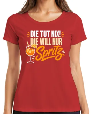 Productafbeelding van Dit product doet niets! Het is een grappig dames T-shirt met het opschrift "Spritz Sommer Aperitif Cocktail", in de kleur rood, maat 3XL