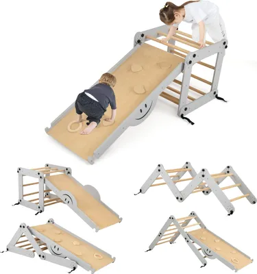Produktbild von GOPLUS Kletterdreieck Indoor, Klettergerüst mit Verstellbarer Kletterleiter & umkehrbarer Kletterrampe, Rutsche & Wippe, Indoor-Spielplatz, Grau