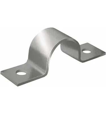 A single metal pipe clamp on a white background.