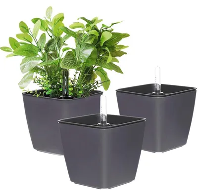 Immagine prodotto di Vaso quadrato autoirrigante con indicatore del livello dell'acqua, 13 cm, nero/grigio scuro, set da 3