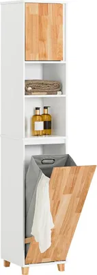 Image de BZR74-W, Armoire haute de salle de bain, avec sac à linge dépliant, blanc