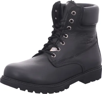 A black leather boot on a white background.