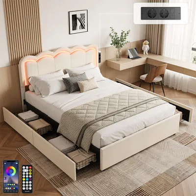 Produktbild von OYAJIA 140x200cm Polsterbett Doppelbett Kinderbett Jugendbett, Ladestation & LED-Beleuchtung,PU-Kunstleder, 4 Schubladen ,Modernes Jugendbett