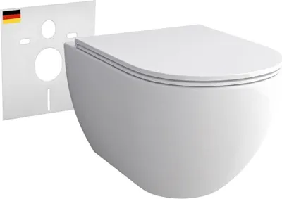 A white wall-mounted toilet and its mounting plate are shown against a white background.