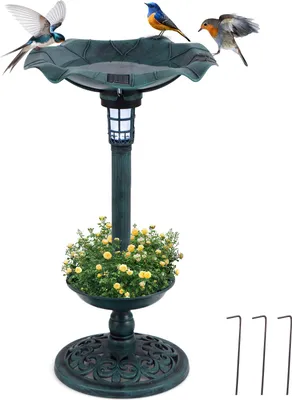 Produktbild von GOPLUS Vogeltränke stehend, Vogelbad Winterfest mit Solar Licht & Blumentopf, Vogelbrunnen Retro, Garten Tränke Bad für Wildvögel, Bronze