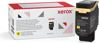 A Xerox toner cartridge and its packaging are shown.