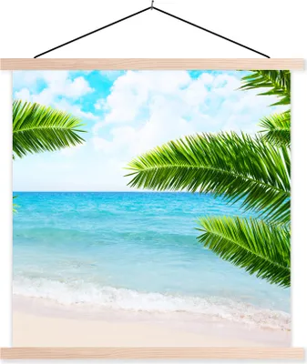 Produktbild von MuchoWow® Textilposter Tropisch - Palme - Strand 120x120 cm mit holzfarbenen Rahmen - Textil-Poster
