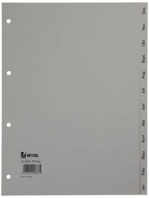Image de Répertoires en plastique HETZEL, par mois, format A4, déc.-janv., polypropylène, gris