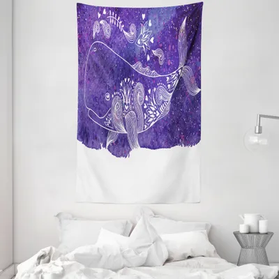 Produktbild von ABAKUHAUS Wal Wandteppich und Tagesdecke, Aquarell Fisch Blumen aus Weiches Mikrofaser Stoff Waschbar ohne Verblassen Digitaldruck, 140 x 230 cm, Weiß Lila
