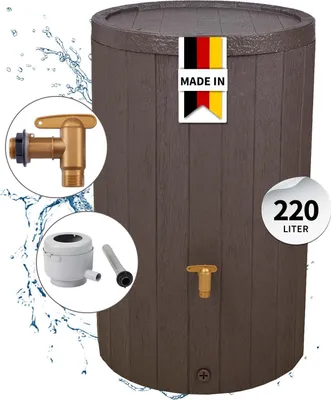 Produktbild von 4rain MADERA Regentonnen Komplett-Set 220 Liter braun inkl. Kunststoff-Auslaufhahn und Fallrohranschluss