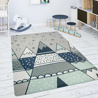 Produktbild von Kinderteppich Teppich Kinderzimmer Spielmatte Rutschfest Sterne Zelt Tipi Motiv Grau Grün Grösse 80x150 cm
