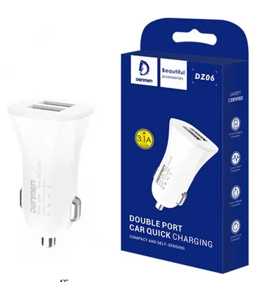 Zdjęcie produktu dla Ładowarka Samochodowa 3A Biała Denmen 3100Ma Dual Fast Charging 2Xusb Dz06 15W