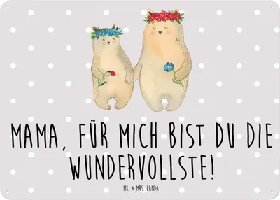 Produktbild von Mr. & Mrs. Panda tafel Bären mit Blumenkranz DIN A5 - Grau Pastell - Geschenk, Schild, Blechschild, Wandbild, Mama, Türschild, Mutter, Lieblingsmensch, Muttertag, Retro
