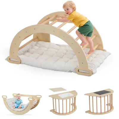 A collage of images showing a wooden climbing arch with a child, and other configurations of the product.