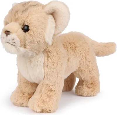 A plush toy lion cub standing on a white background.