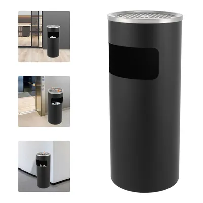 Collage of images showing a black outdoor trash can with an ashtray top in different settings.