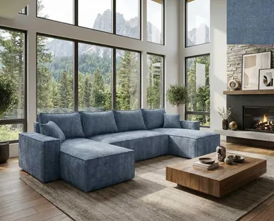 Produktbild von Das U-förmige Ecksofa FELINO von Nordelo universell L/R, 150×310×90 cm, 150x280 Schlaffunktion Stoff Cremona Blau