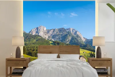 Produktbild von MuchoWow® Fototapete für Wohnzimmer oder Schlafzimmer Wandtapete Vinyl Motivtapete Berg - Himmel - Wald - 350x350 cm - Schlafzimmertapete
