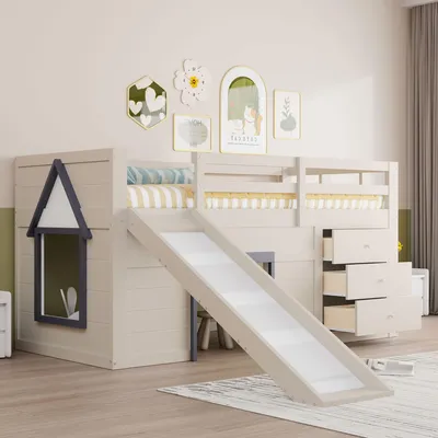 Produktbild von Sweiko 90 x 200 niedriges Hochbett mit Rutsche, drei Schubladen und zwei Türen, Creme