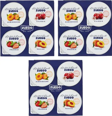 Produktbild von 3x Zuegg Monoporzioni Marmeladen in Einzelportionen 4 Verschiedene Geschmacksrichtungen Aprikose - Pfirsich - Kirsche - Erdbeere 100g (4 x 25g) Fruchtaufstriche