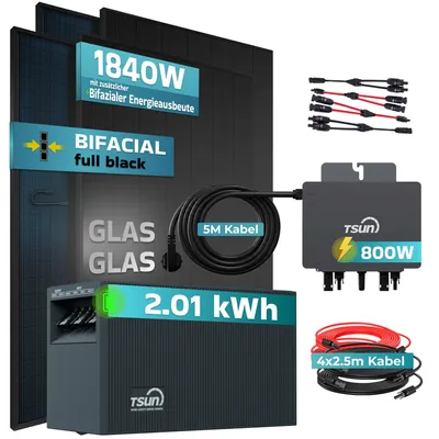 Produktbild von SUNNIVA® 1840W Balkonkraftwerk mit 2,01 kWh Speicher TSUN SOLARCAN TSOL-DCU2000Lite, 4x 460W BIFAZIAL FULLBLACK komplett Steckdose, Solarspeicher